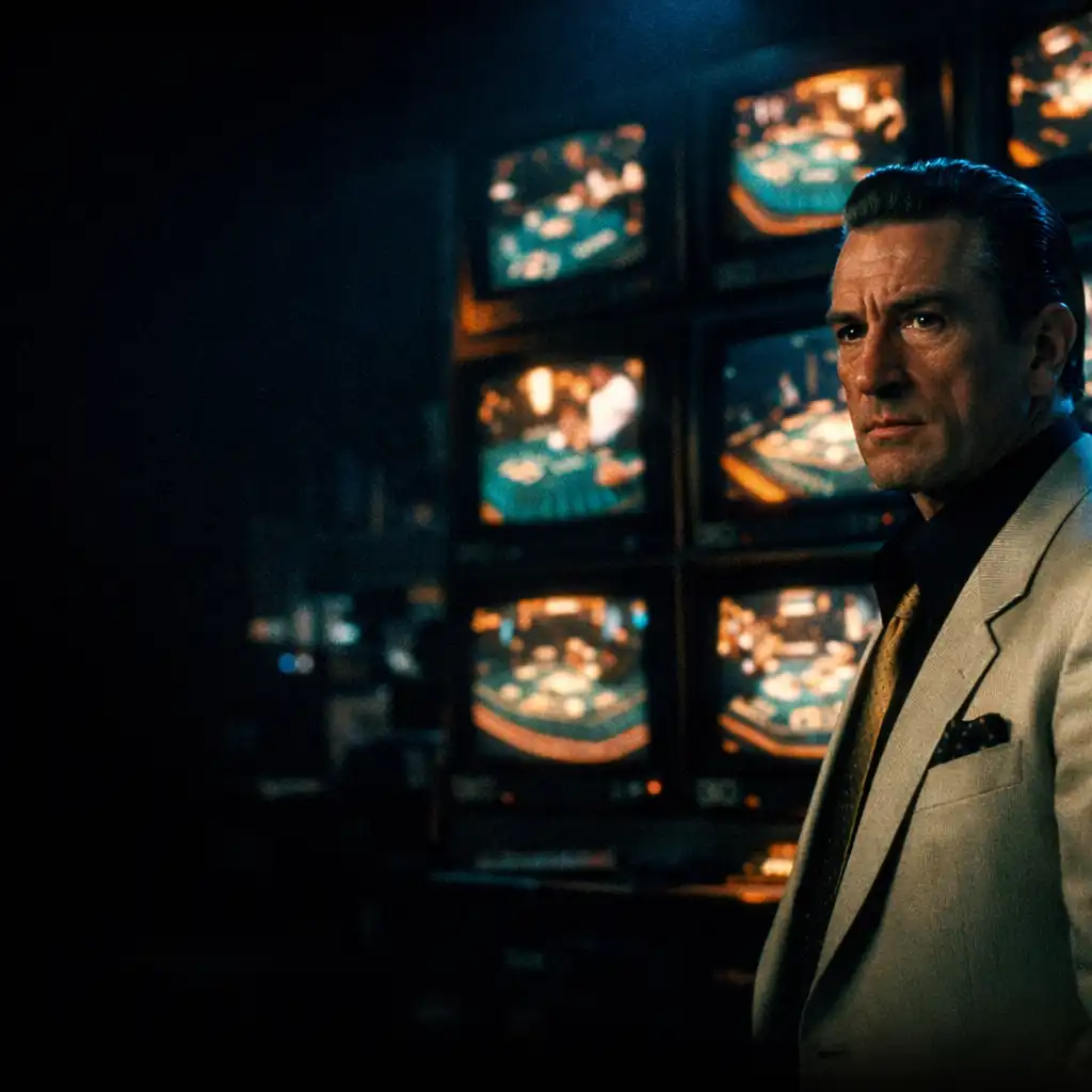 Robert De Niro as Sam 'Ace' Rothstein in Casino (1995), standing in a dimly lit casino surveillance room surrounded by monitors showing blackjack tables.
