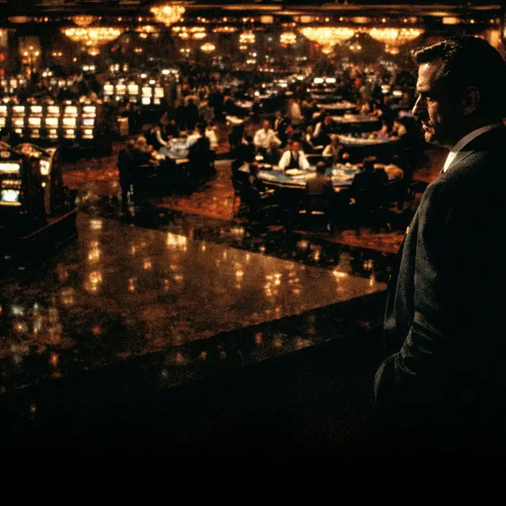 A dramatic high-angle still from Casino (1995) showing a vast opulent casino floor at night, with a man in a sharp suit standing alone in the foreground, gazing over rows of slot machines and gaming tables.