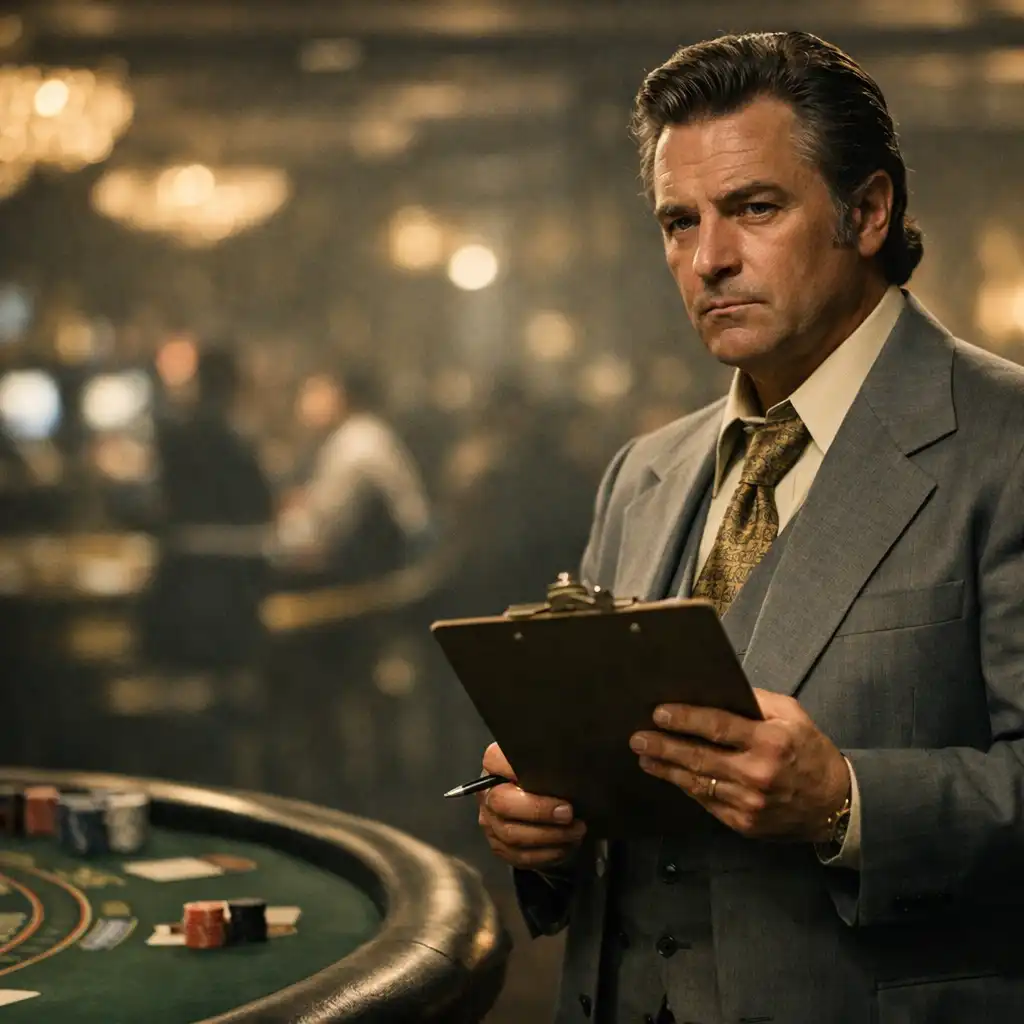 Behind-the-scenes style still of a 1970s casino consultant in a wide-lapel suit standing beside a blackjack table