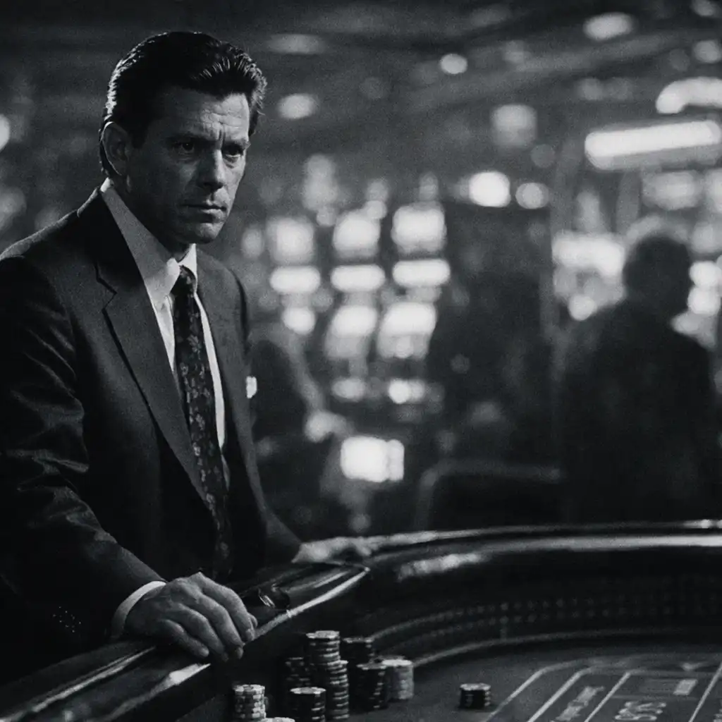A dramatic film still from Casino (1995) showing a man in a sharp suit standing at a craps table, looking tense, with blurred neon lights and slot machines behind him.