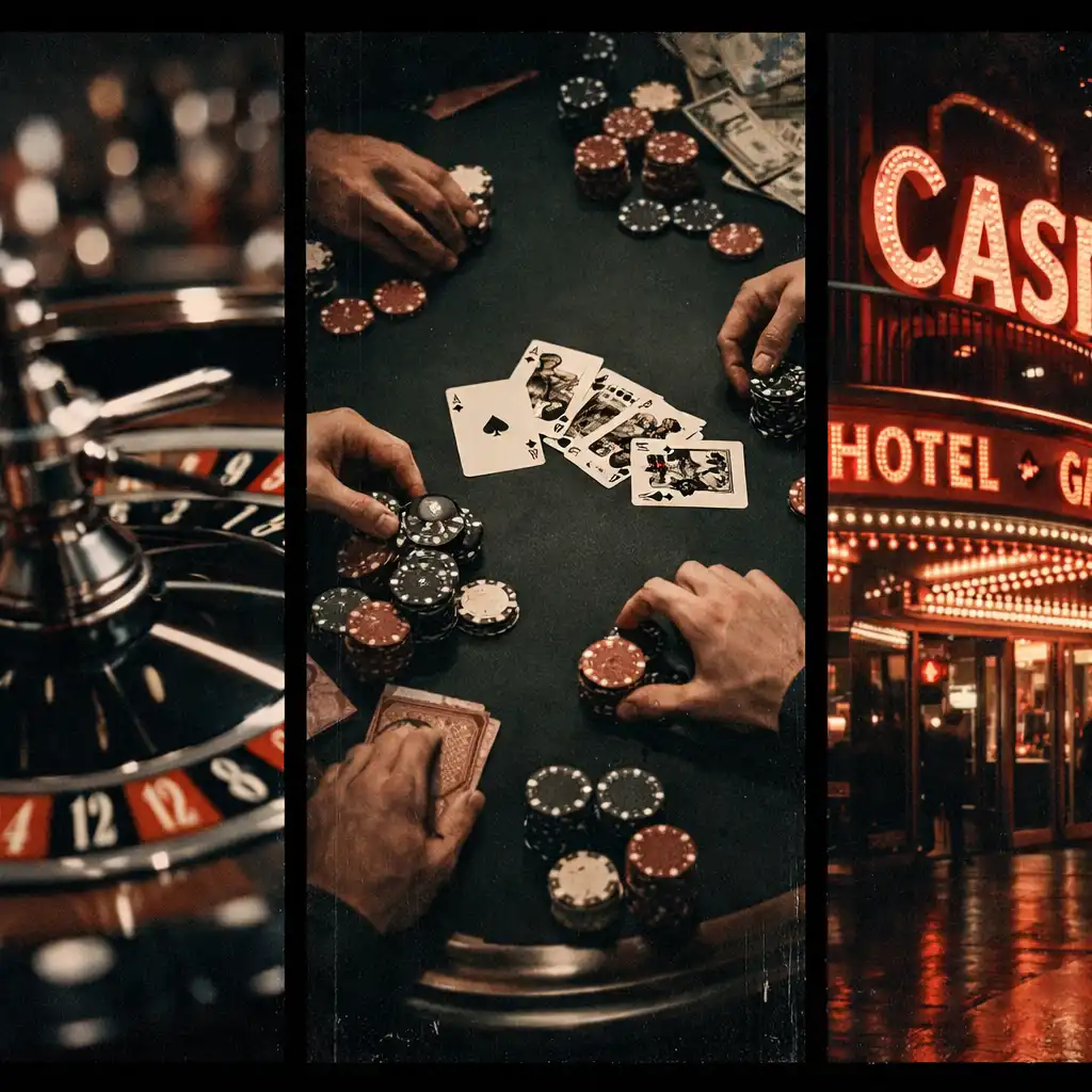 A triptych collage of casino film scenes: a spinning roulette wheel, a poker table from above, and a neon-lit casino entrance.