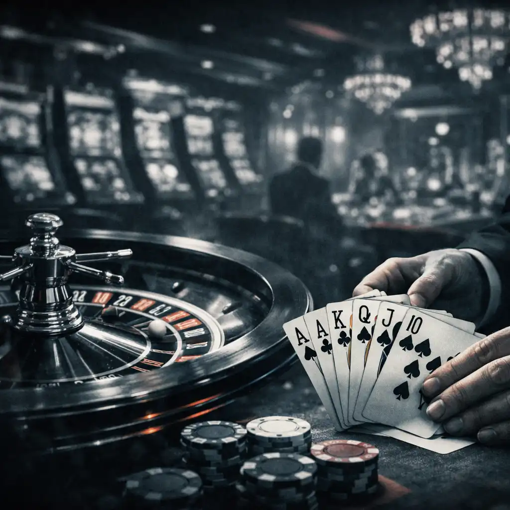 Roulette wheel, poker hand, and casino floor in a montage representing casino movies