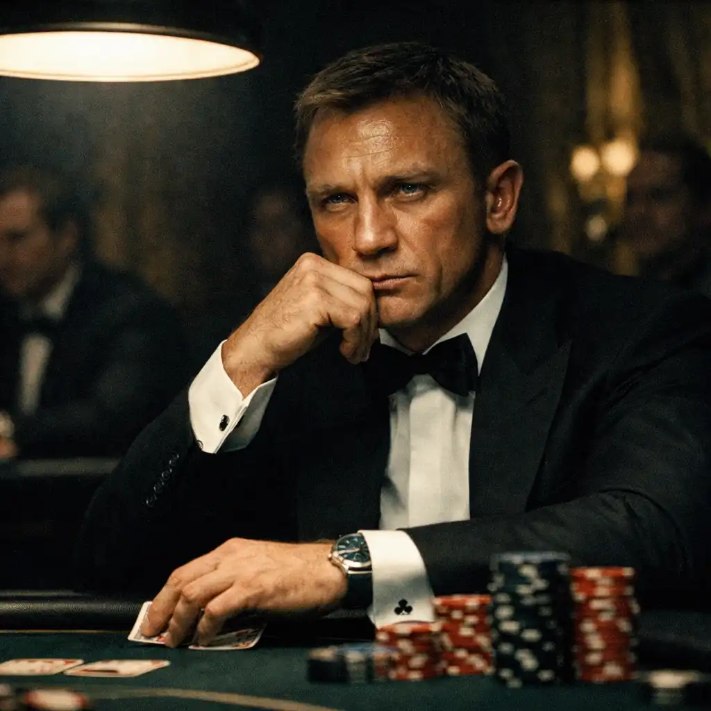Daniel Craig as James Bond at a high-stakes poker table in Casino Royale (2006), his expression calculating under a single overhead lamp.