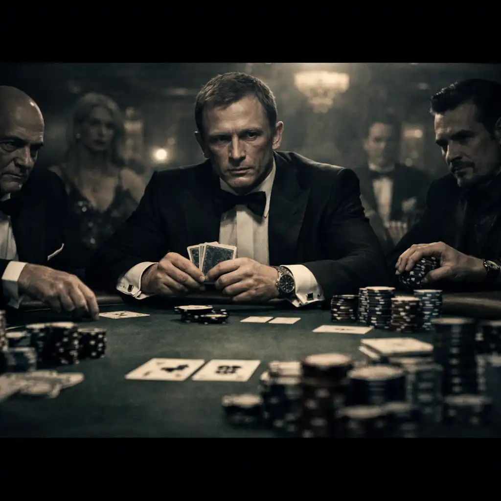 High-stakes poker table in a dimly lit casino from a James Bond-style film, with players in tuxedos and chips on green felt
