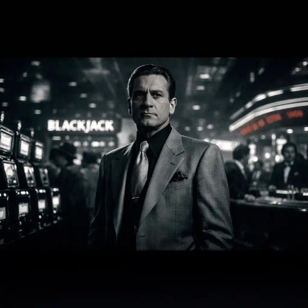 Robert De Niro as Sam Rothstein in Martin Scorsese's Casino, standing in a 1970s casino with neon lights and slot machines
