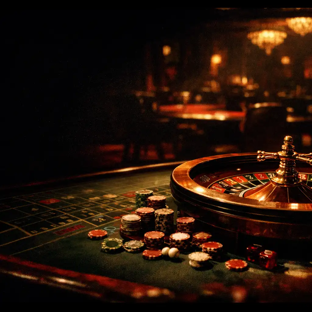 Dramatic wide shot of a vintage casino table with a roulette wheel and scattered chips under warm tungsten lighting