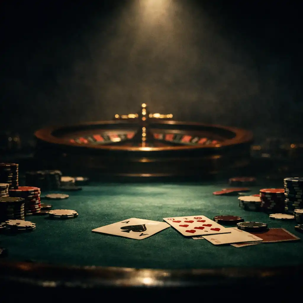 A dramatic low-angle shot of a casino table at night with green felt, scattered chips, playing cards, and a softly lit roulette wheel in the background.