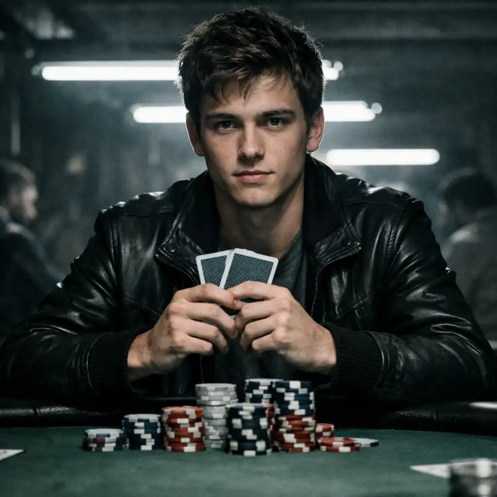 Medium close-up of a young poker prodigy in his early twenties at a poker table, holding cards close to his chest with a stack of chips in front of him