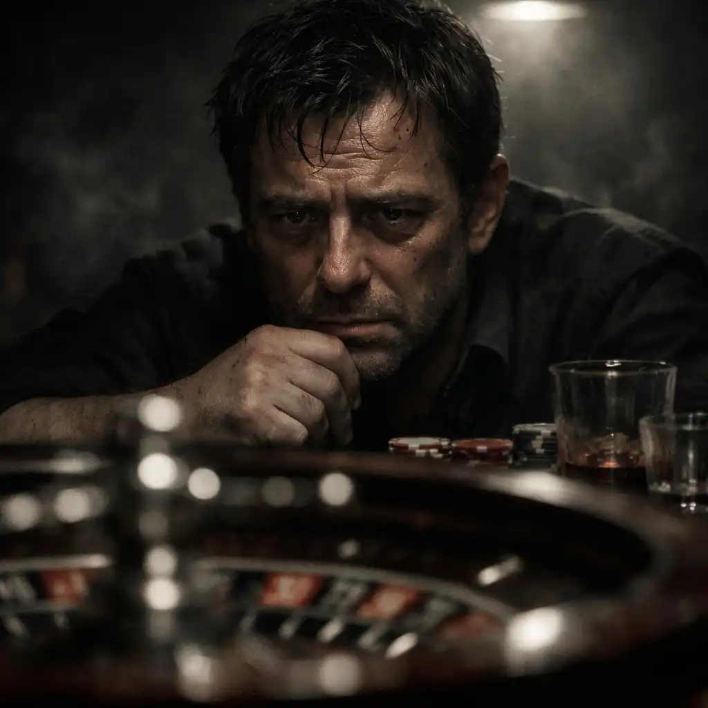 Close-up of a roulette addict in his forties staring at a roulette wheel with a haunted expression, empty glasses and scattered chips around him