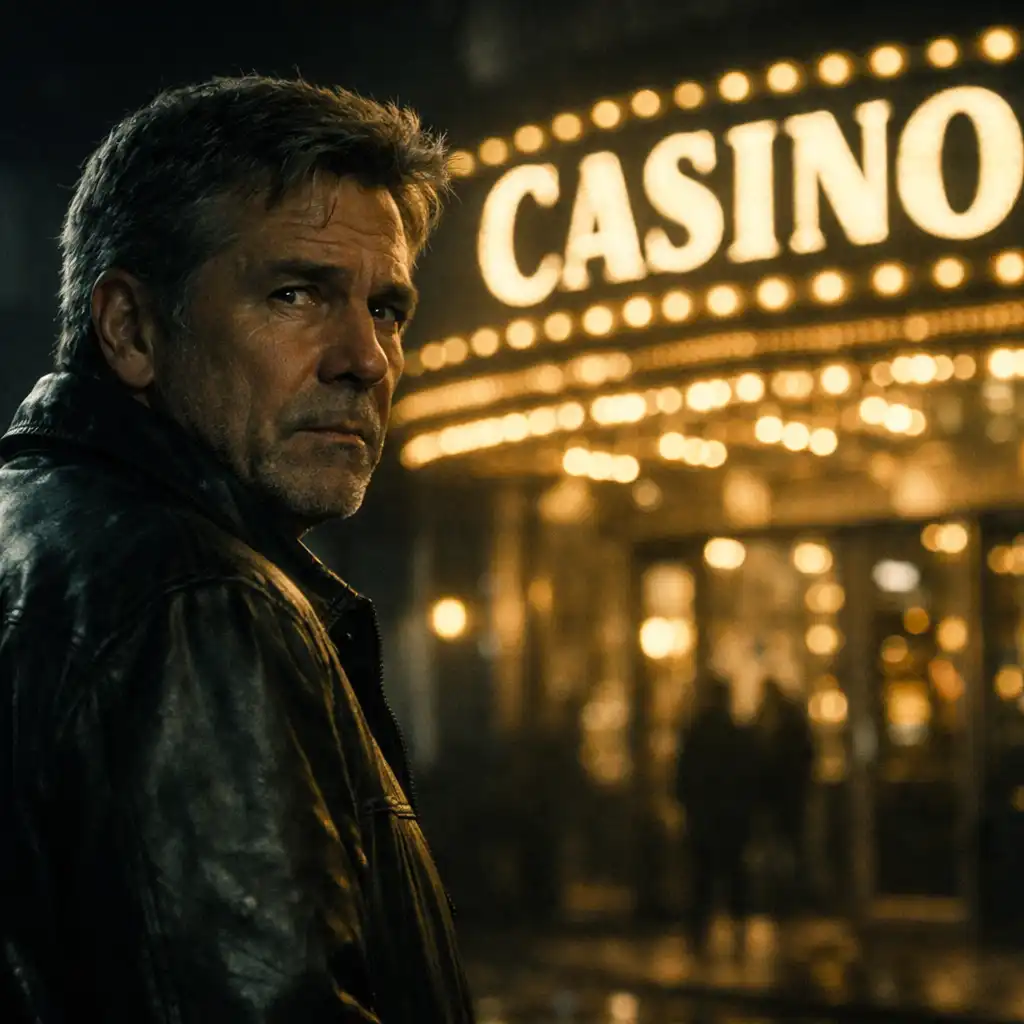 Medium shot of a reformed gambler in his fifties standing outside a casino at night, looking back over his shoulder with a conflicted expression as casino lights glow behind him