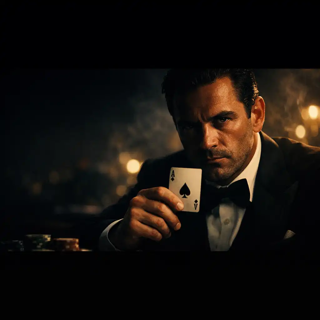 Dramatic close-up of a man in a tuxedo at a poker table, his face half in shadow and eyes intense as he holds a single playing card in a dark smoky casino