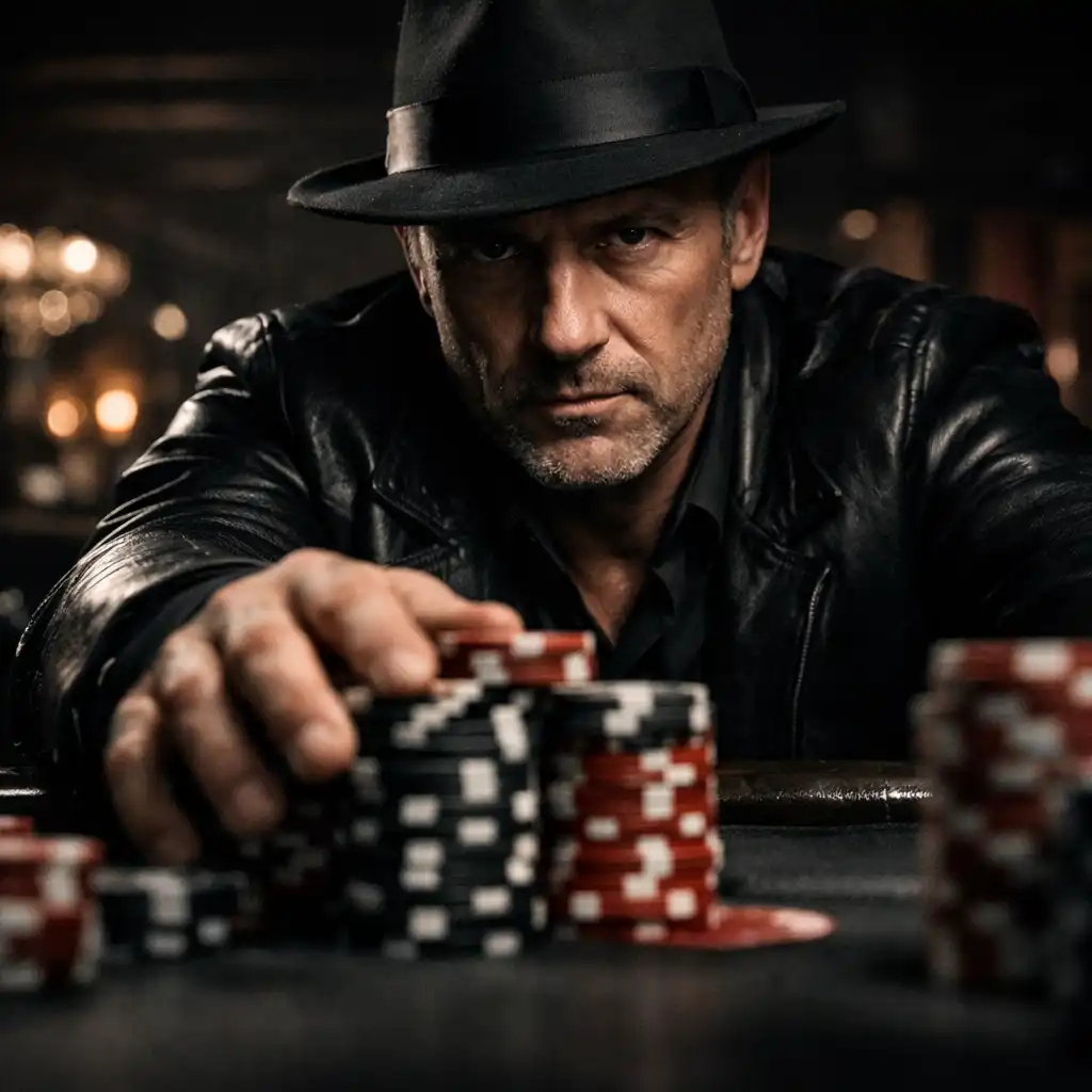 Cinematic still of a middle-aged poker player with a cold expression pushing a stack of chips forward in a high-stakes game