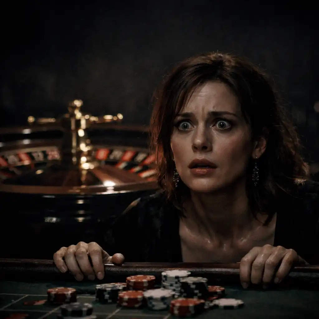 Medium close-up of a woman at a roulette table, her face lit by the wheel's glow and eyes wide with anxiety as she grips the table edge