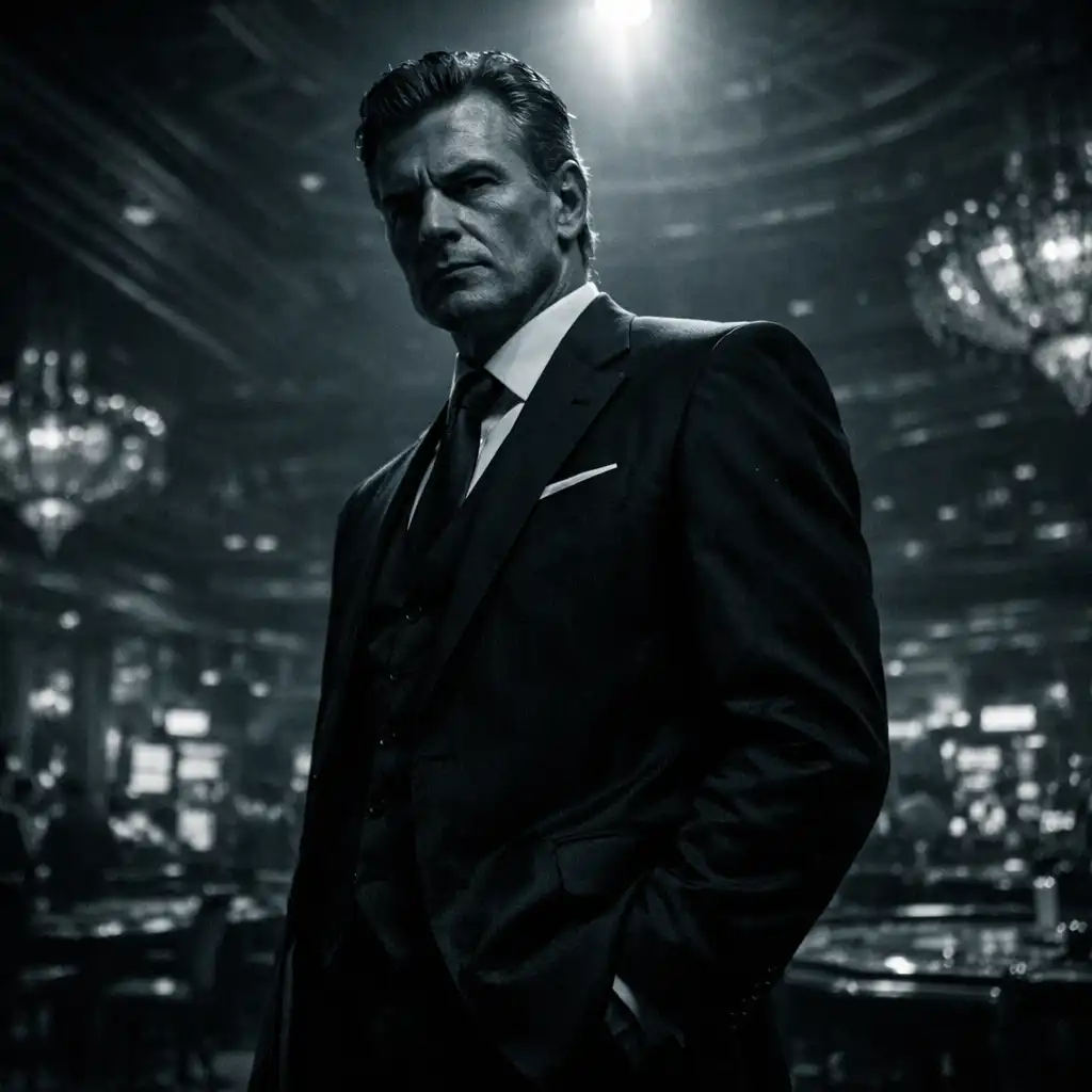 Medium shot of a casino owner in a sharp suit standing in a grand casino hall, looking down at the camera with a confident but cold expression