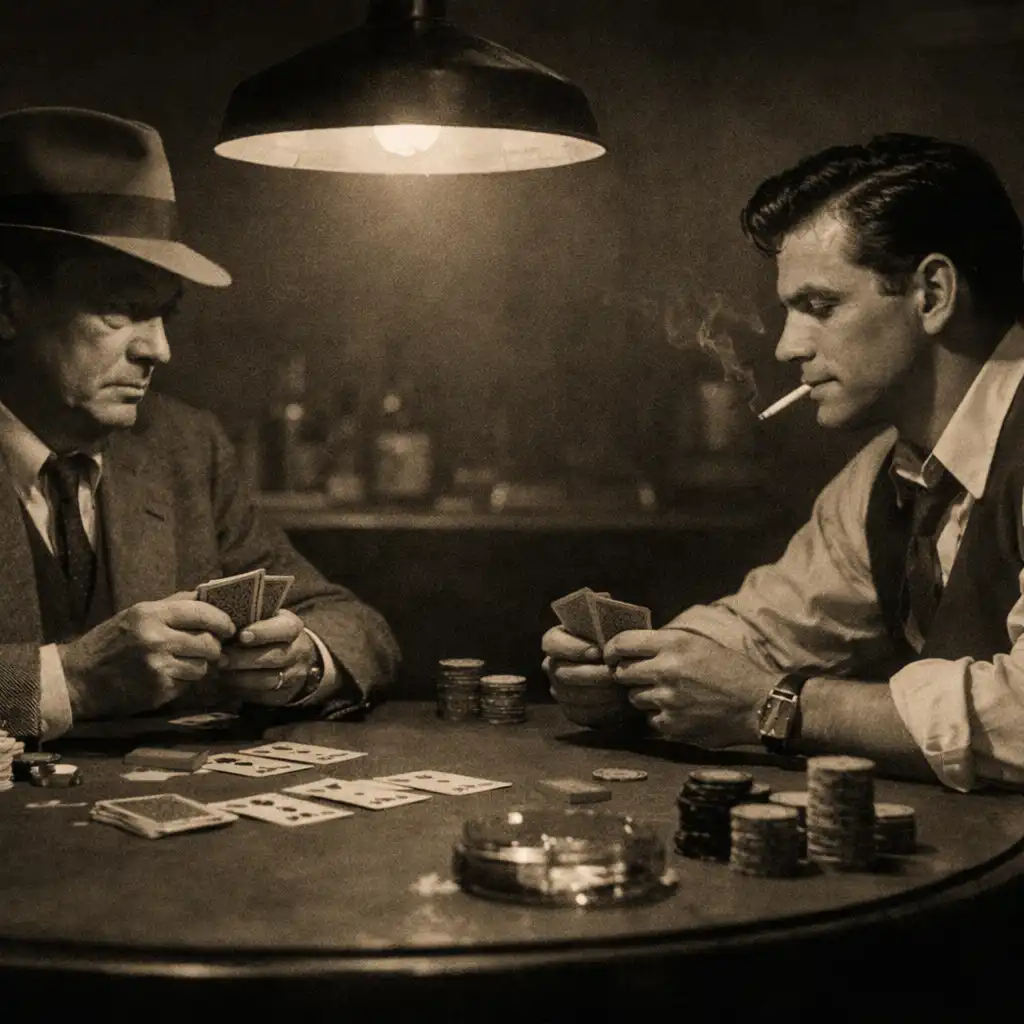 A film still from The Cincinnati Kid (1965) showing two men playing poker at a dimly lit table with cards and chips.