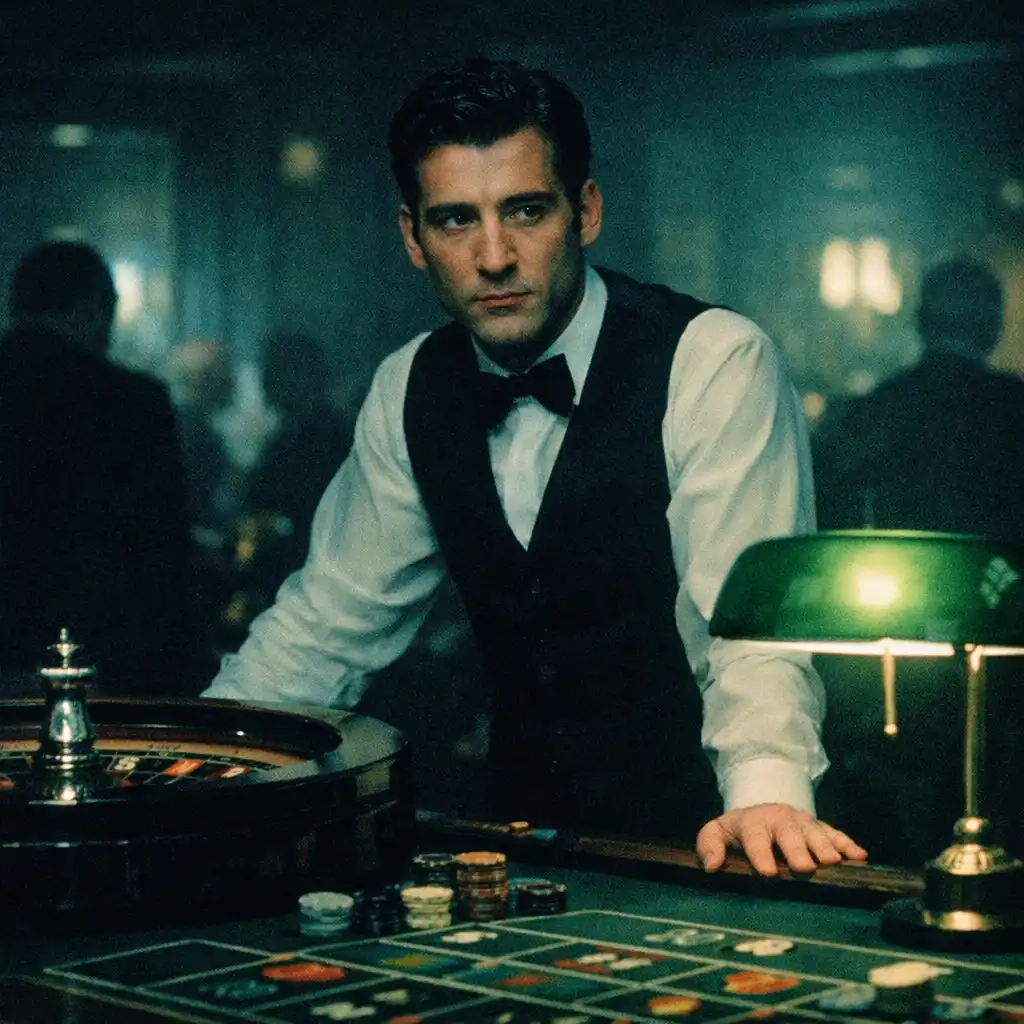 Clive Owen as Jack Manfred standing behind a roulette table in Croupier (1998), wearing a crisp croupier uniform under a green-shaded lamp.