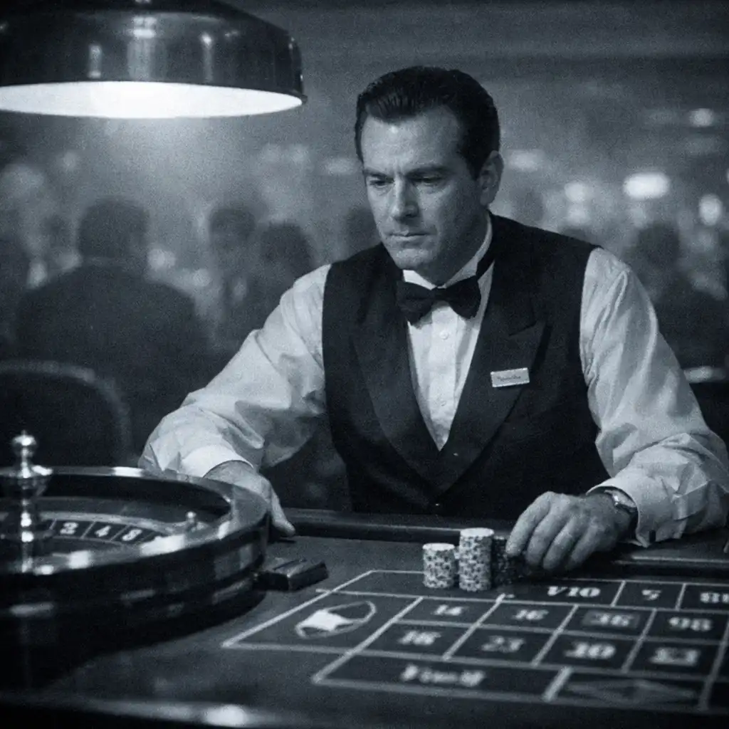 A film still from Croupier (1998) showing a casino dealer at a roulette table in a formal uniform under a low-hanging lamp.