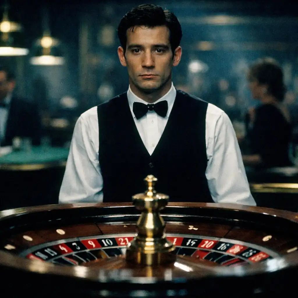 Clive Owen as Jack Manfred standing behind a roulette table in Croupier
