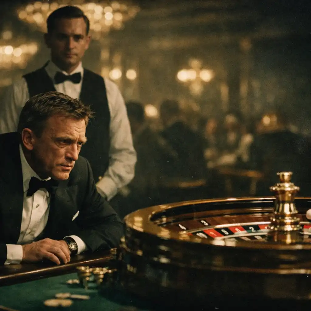 Scene from a film showing a roulette table with a focused player