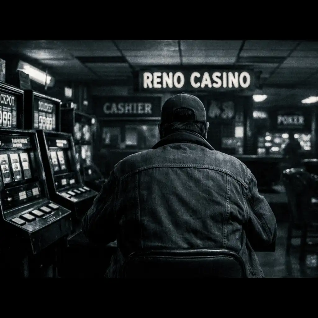 A dark, gritty film still from Hard Eight (1996) showing a lone figure at a slot machine in a small Reno casino under harsh fluorescent lighting.