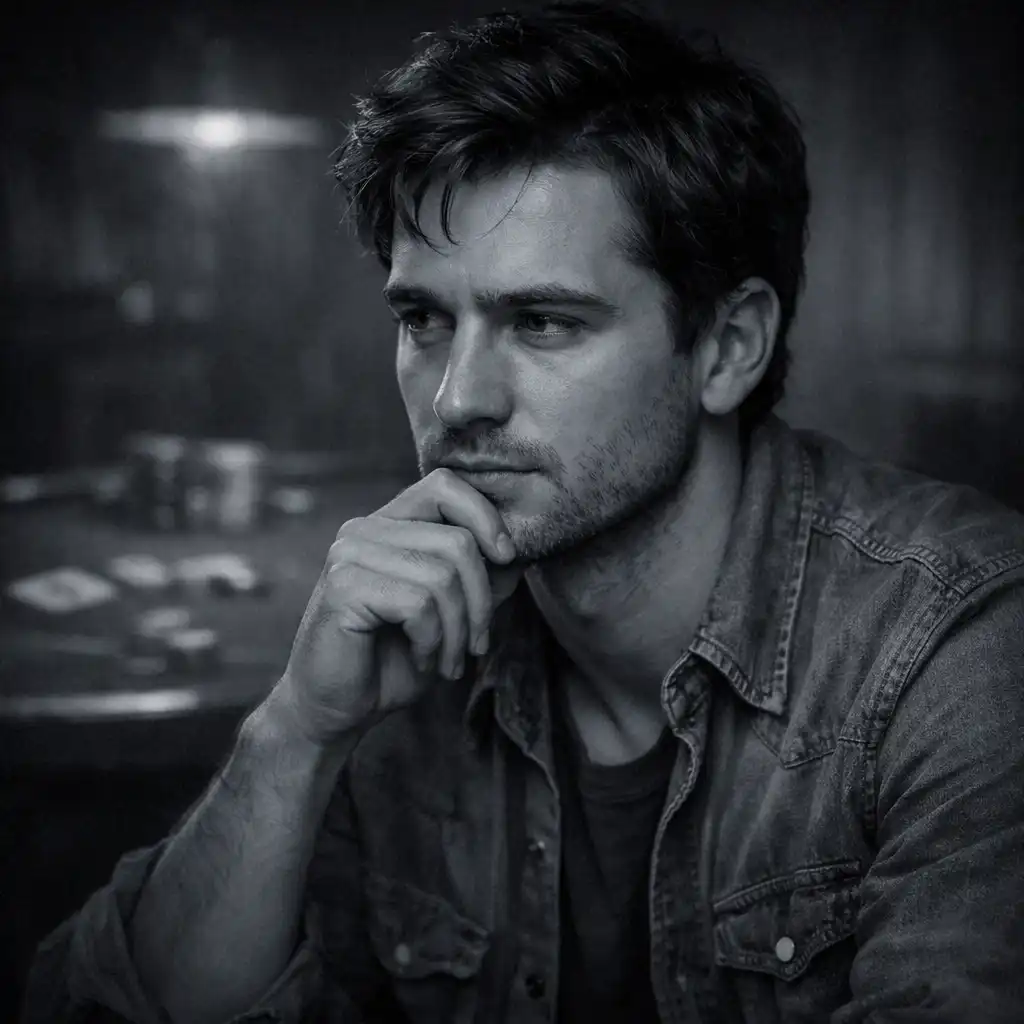 A character portrait of Mike McDermott from Rounders (1998), a young man in a casual shirt looking thoughtful with a dimly lit poker table out of focus behind him.