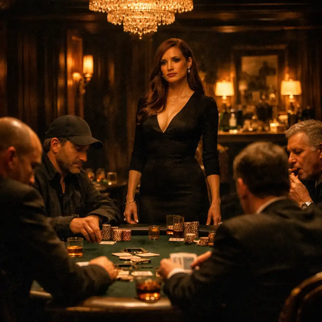 Jessica Chastain as Molly Bloom overseeing a luxurious private poker room in Molly's Game (2017), surrounded by wealthy players in warm golden light.