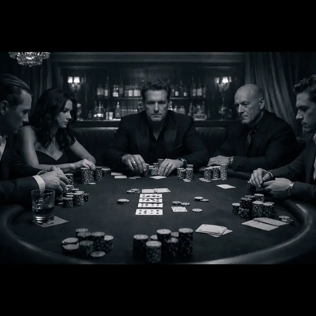 A film still from Molly's Game (2017) showing a high-stakes poker game in a luxurious private room with well-dressed players.