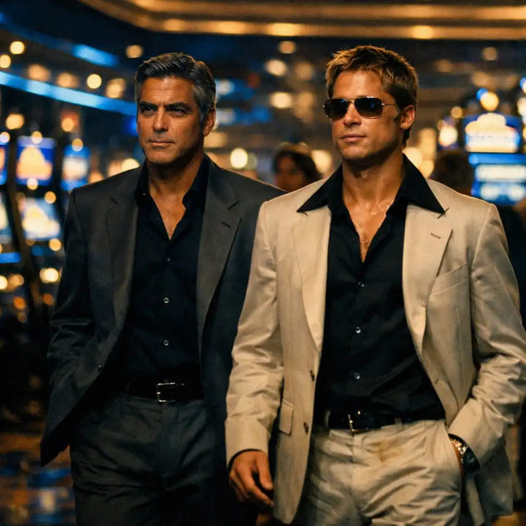 George Clooney and Brad Pitt walking through a Las Vegas casino floor at night in Ocean's Eleven (2001), surrounded by slot machines and neon lights.
