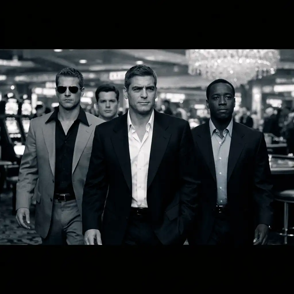 A film still from Ocean's Eleven (2001) showing a group of men in suits walking through a bright, stylish modern casino.