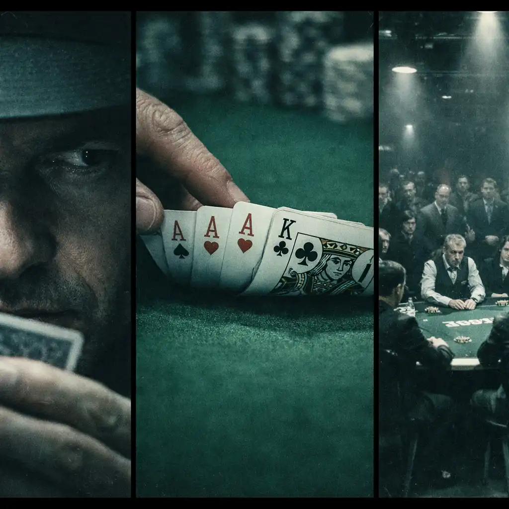 A triptych collage of poker film scenes: a player's shadowed face, a winning hand on green felt, and a high-stakes poker room with spectators.