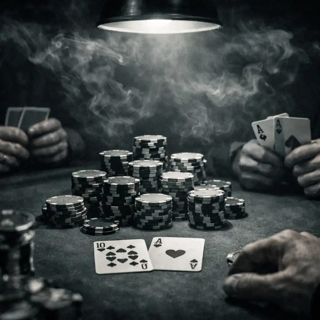 Close-up of a poker game with players' hands, chips, and smoke under a single overhead lamp