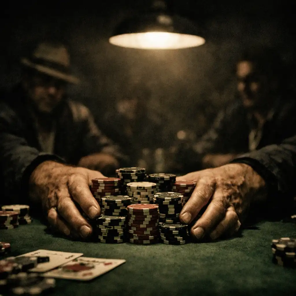 A dramatic close-up of a poker player's hands pushing a stack of chips into the centre of a green felt table under low, moody light