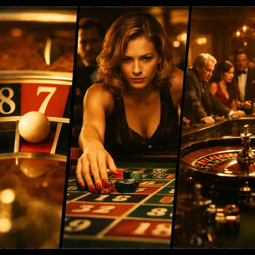 A triptych collage of roulette-themed film scenes: a ball landing on a number, a woman placing a bet, and a dimly lit roulette table surrounded by players.