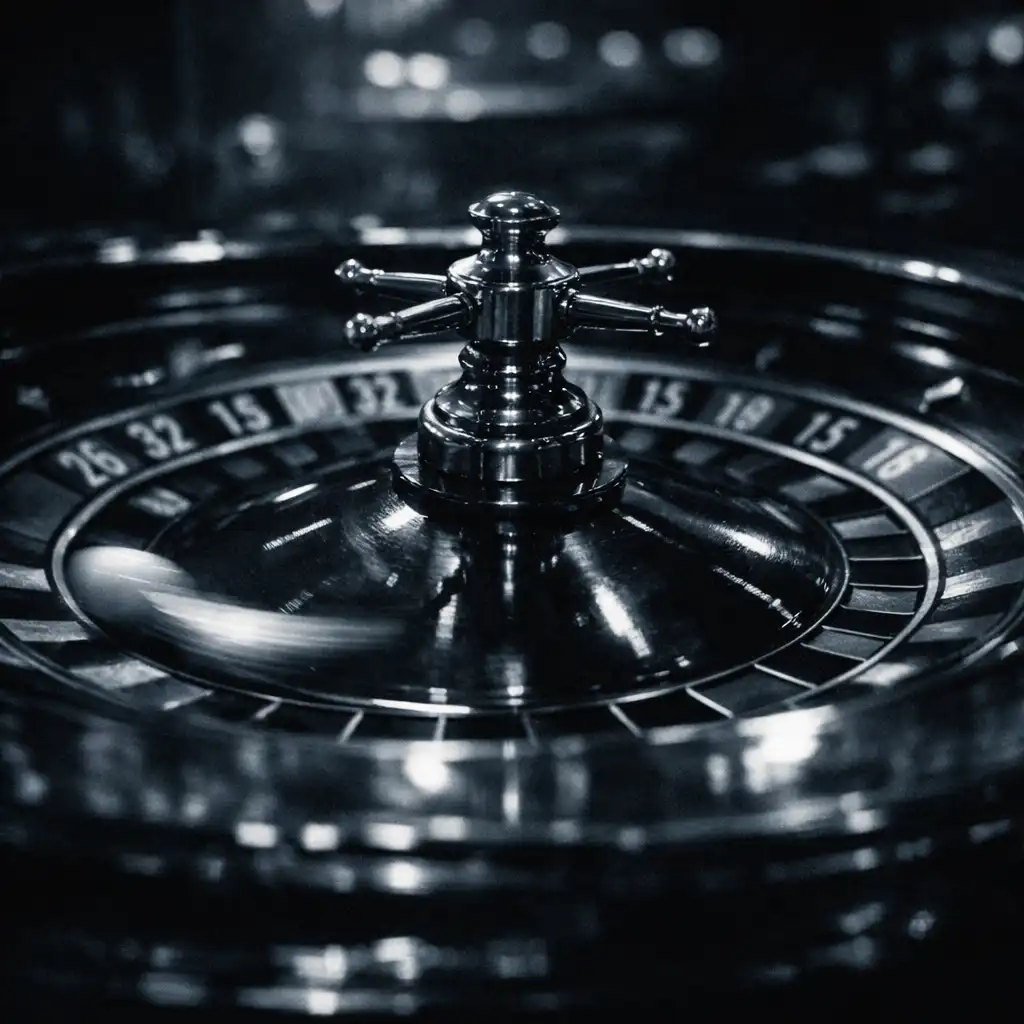 Roulette wheel in motion with the ball blurring, surrounded by dark casino ambiance