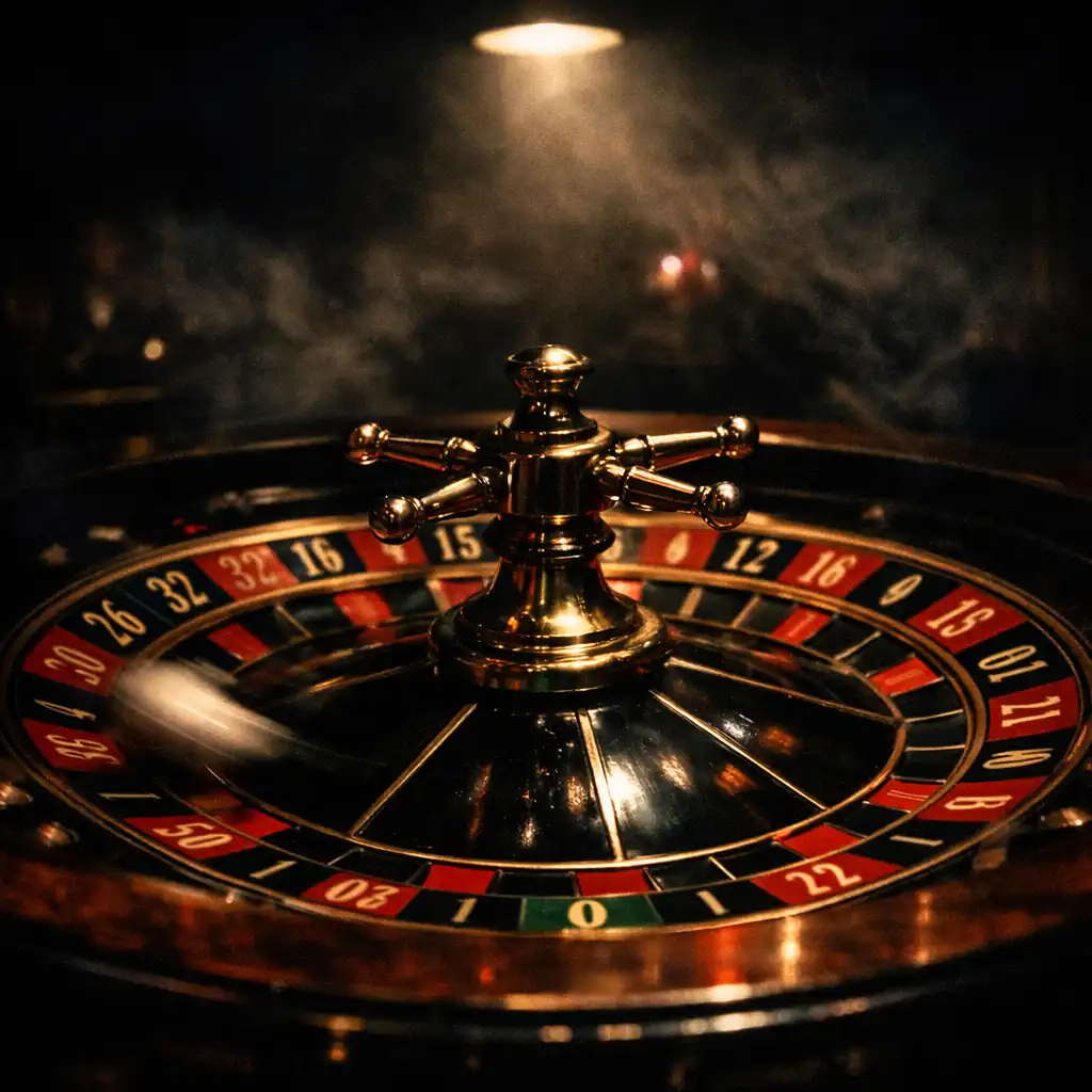 Roulette wheel in a dark casino with ball in motion