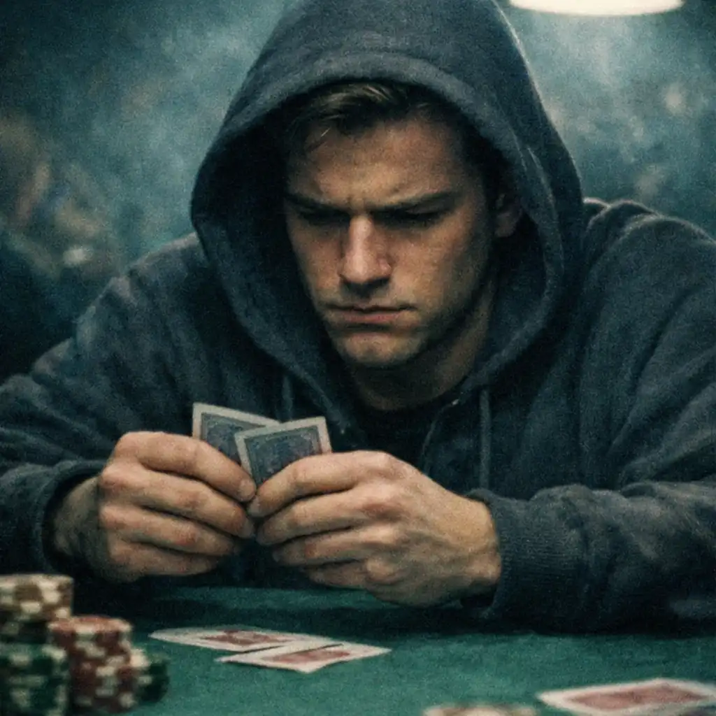 A character portrait from Rounders (1998) showing a young man in a hoodie sitting at a poker table, staring intently at his cards in a smoky underground card room.