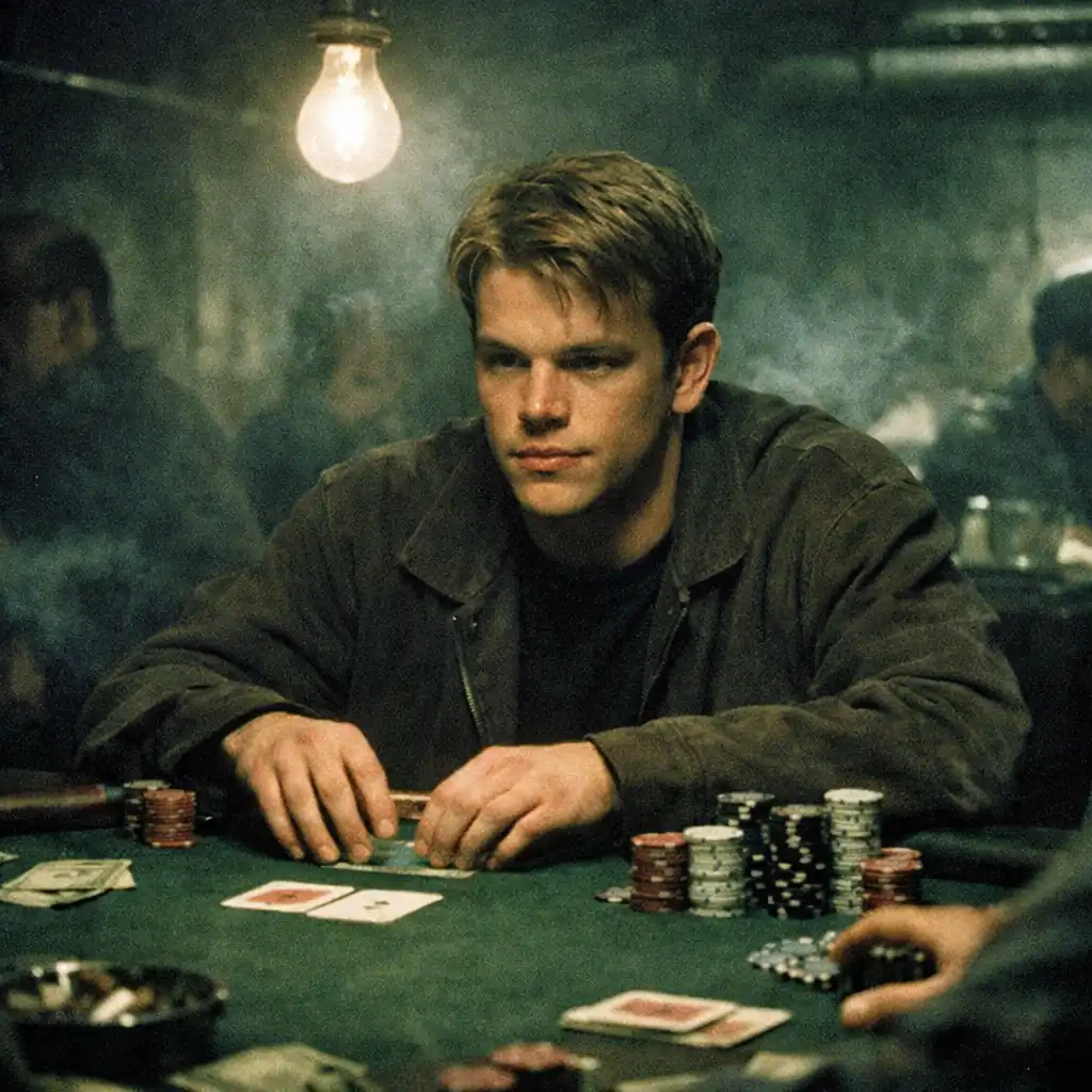 Matt Damon as Mike McDermott at a dimly lit underground poker table in Rounders (1998), chips and cards in front of him under a single hanging bulb.