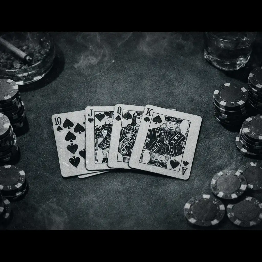 A close-up of a poker table from Rounders (1998) showing stacks of chips and a hand of cards under dim, smoky lighting.