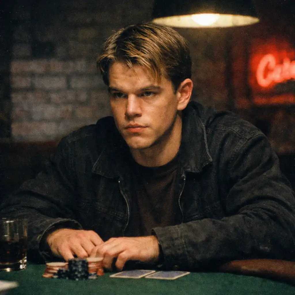 Matt Damon as Mike McDermott in Rounders, staring intently at an opponent across a dimly lit underground poker table