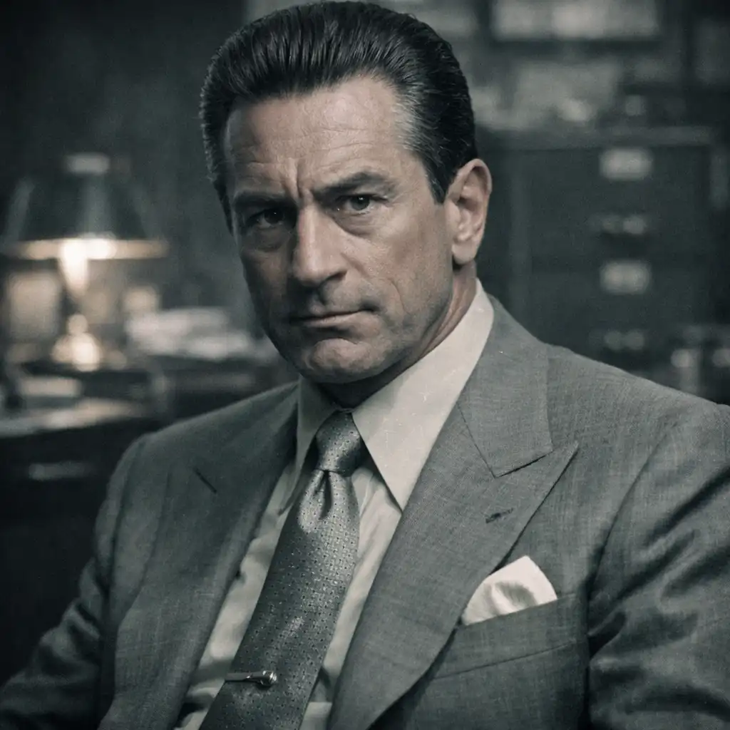 Portrait of Sam 'Ace' Rothstein from Casino, played by Robert De Niro, in a 1970s suit with an intense calculating expression