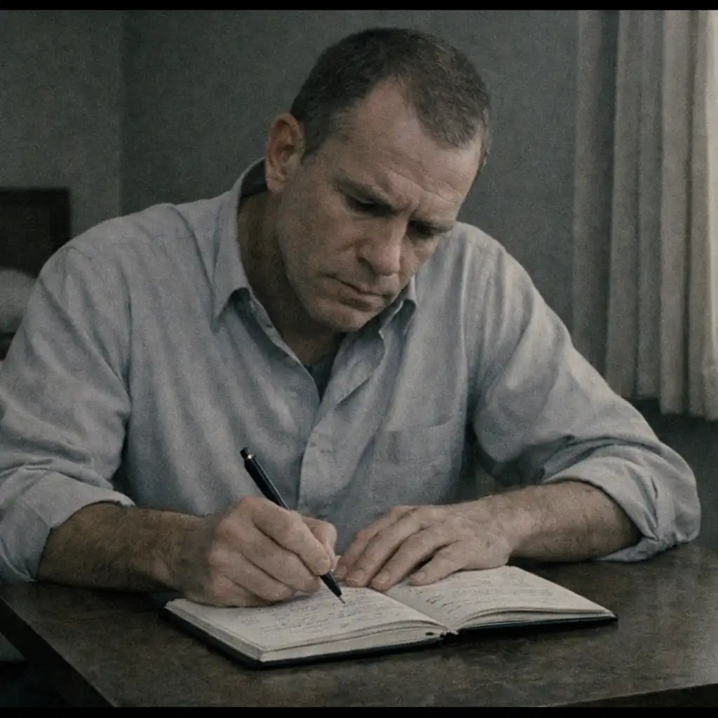 A still from The Card Counter (2021) showing a man in a plain shirt sitting alone at a small table in a sparse motel room, writing in a notebook.