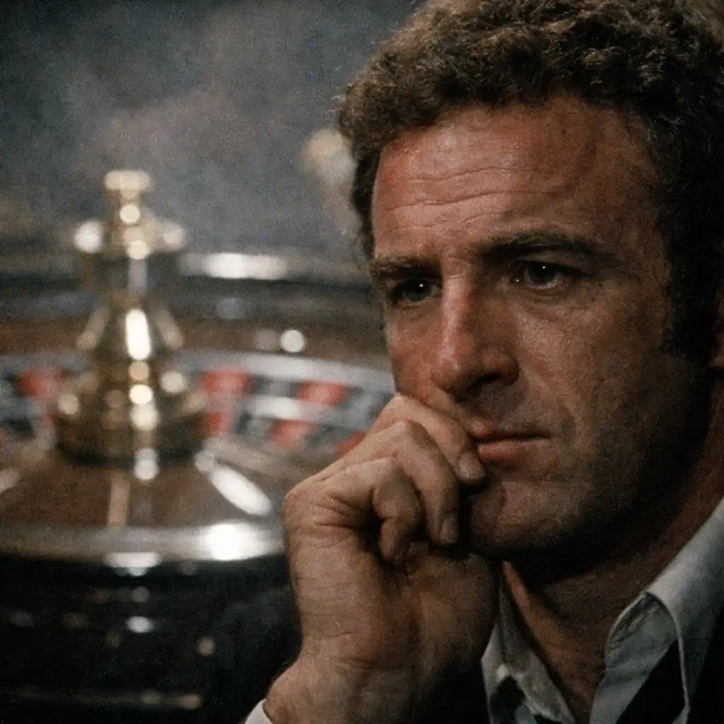 James Caan as Axel Freed watching a roulette wheel spin in The Gambler (1974), his face a mix of hope and despair in a dark, smoky casino.