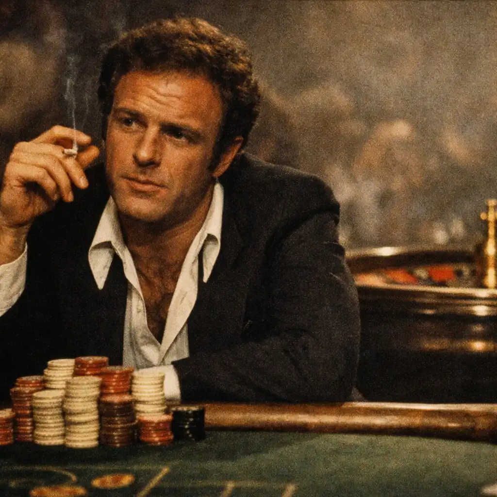 James Caan as Axel Freed sitting at a roulette table with a stack of chips in The Gambler