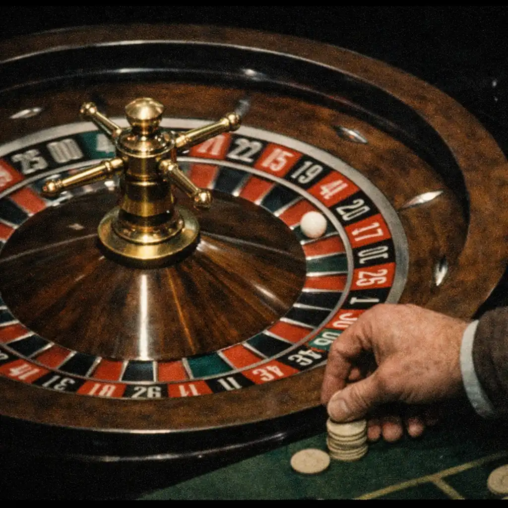 A grainy film still from The Gambler (1974) showing a roulette wheel in motion with a hand placing a bet.