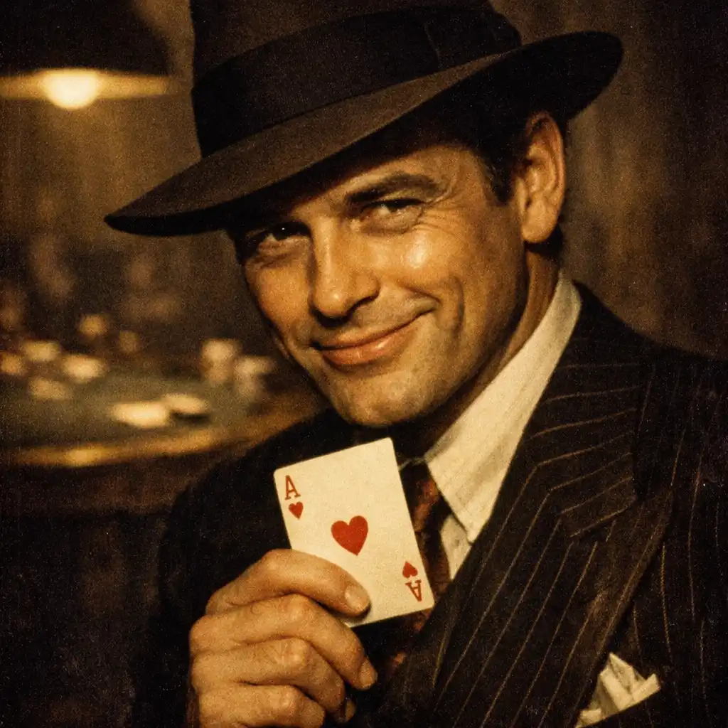 A character portrait from The Sting (1973) showing a man in a 1930s suit and fedora holding a playing card close to his chest with a sly smile.
