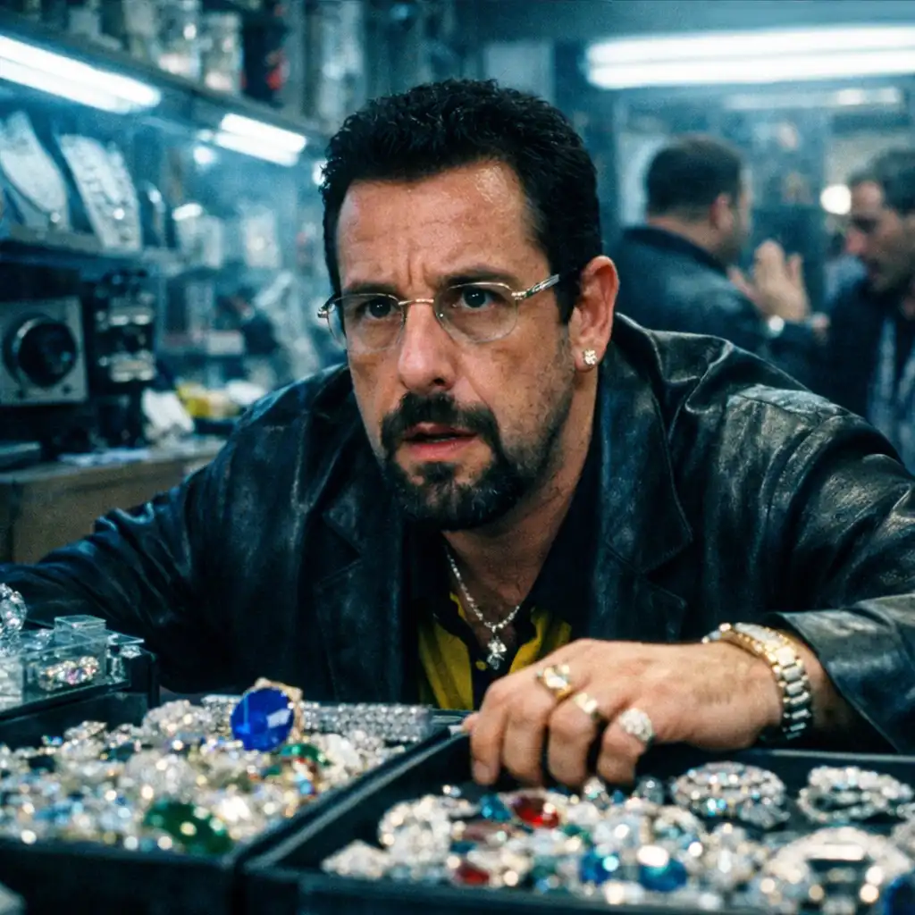 Adam Sandler as Howard Ratner in a cluttered jewelry store in Uncut Gems (2019), surrounded by glittering gems with a tense expression under harsh fluorescent light.